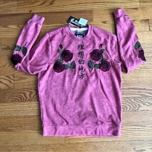 BLIND ROOSTER “Ideal Place”  Asian Red Rose Embroidered Sweatshirt Men’s M NWT